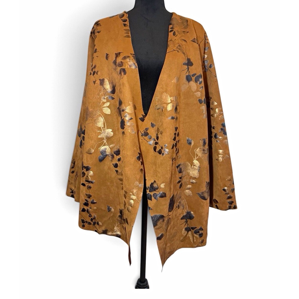 Soft Surroundings Shape Drape Jacket 1X Brown Faux Suede Metallic Floral Boho